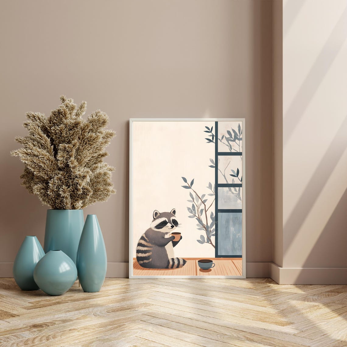 Cozy Raccoon Tea Time Window Japanese Nature Minimalist Art Poster - Image 6