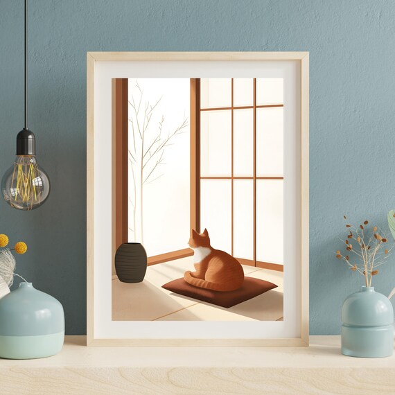 Quiet Orange Cat Sitting on a Cushion Before a Tall Shoji Screen Poster
