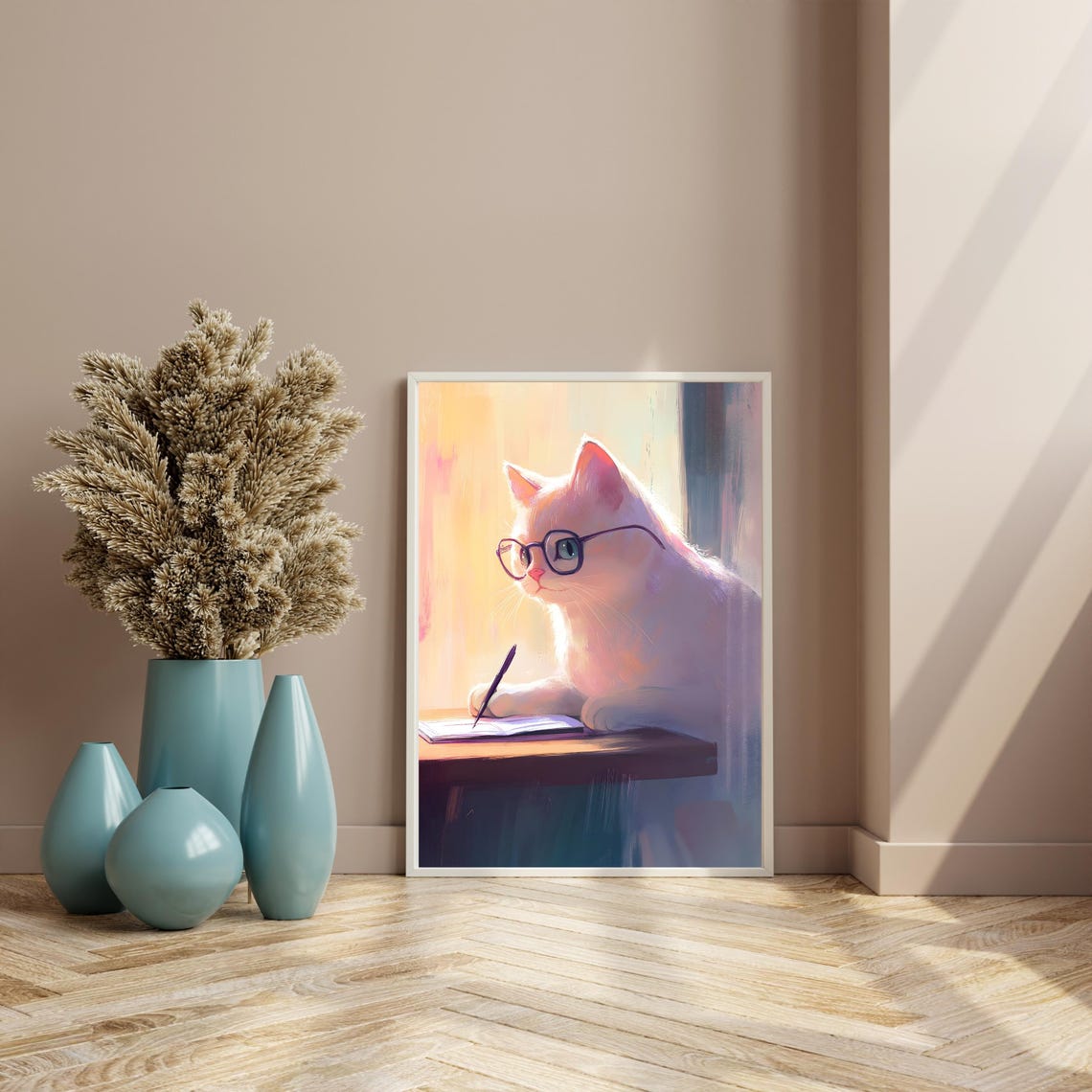 White Cat With Glasses Writing At A Sunny Desk Cozy Art Poster - Image 4