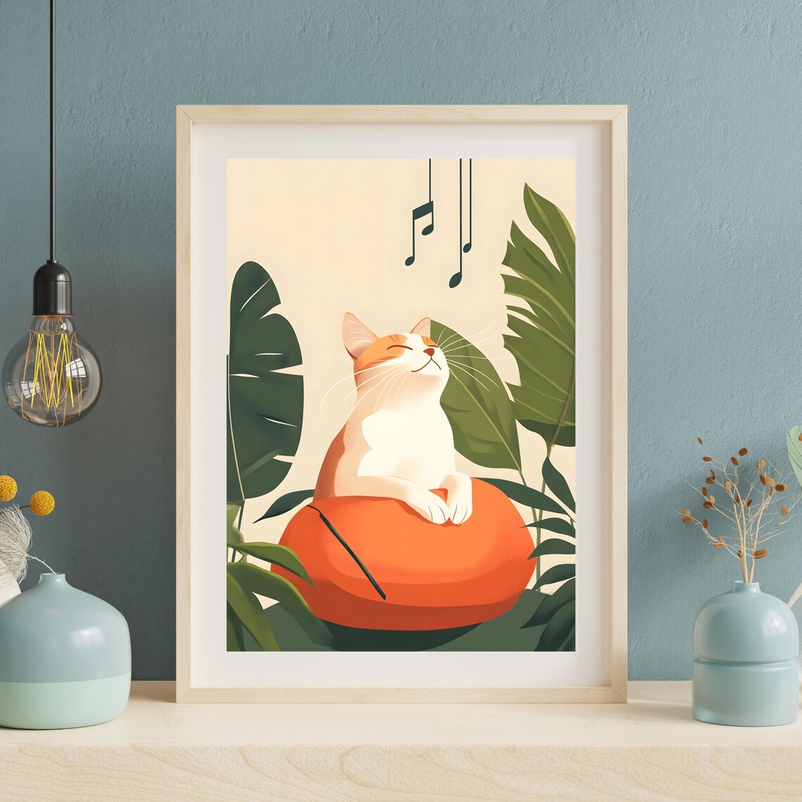 Happy White Cat on an Orange Pouf among Tropical Leaves Poster