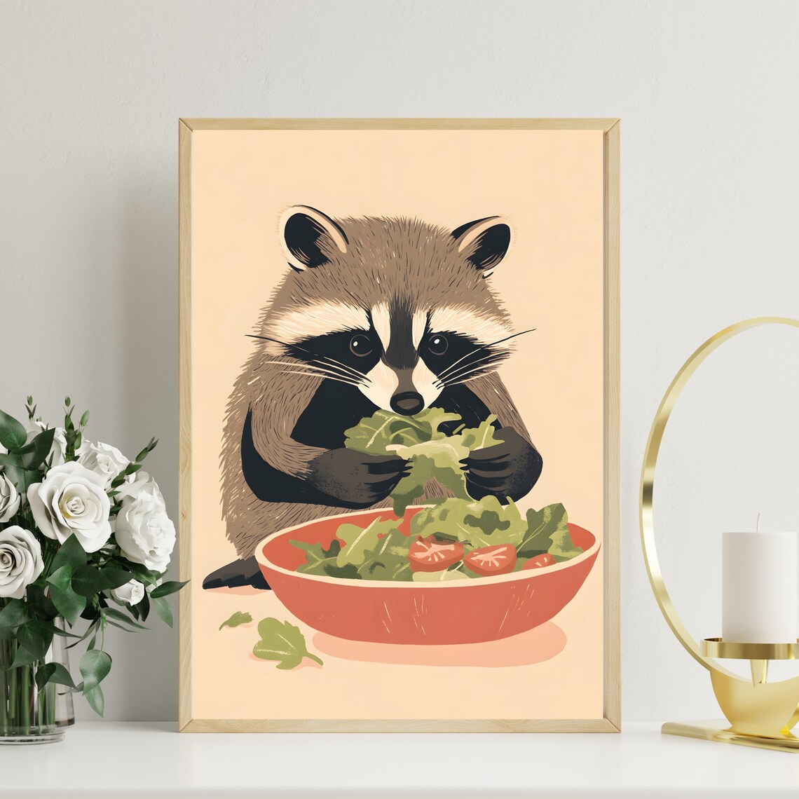 Cute Raccoon Enjoying a Fresh Green Salad Bowl with Tomatoes Poster - Image 2