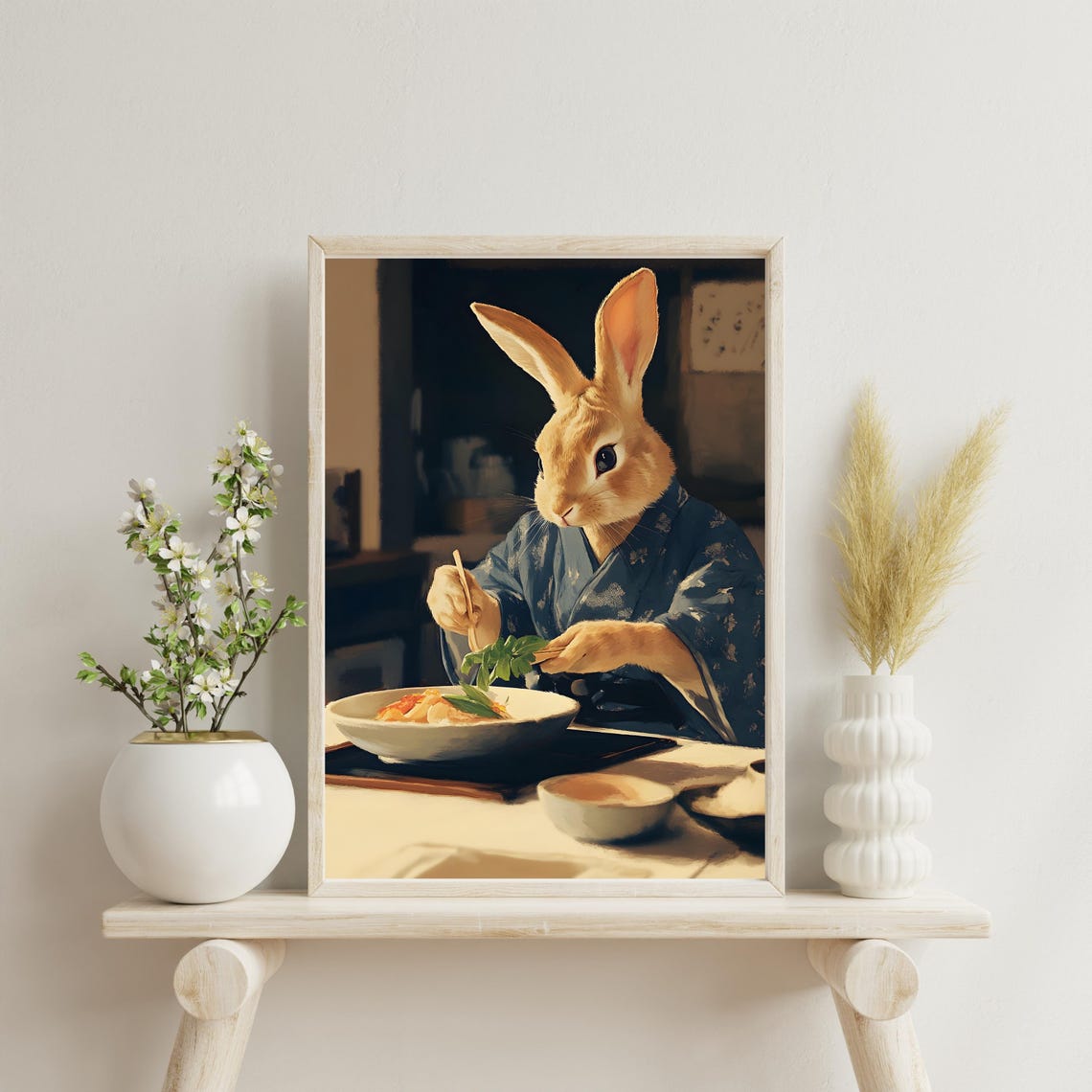 Gentle Tan Rabbit in Blue Kimono Eating with Chopsticks Poster - Image 2