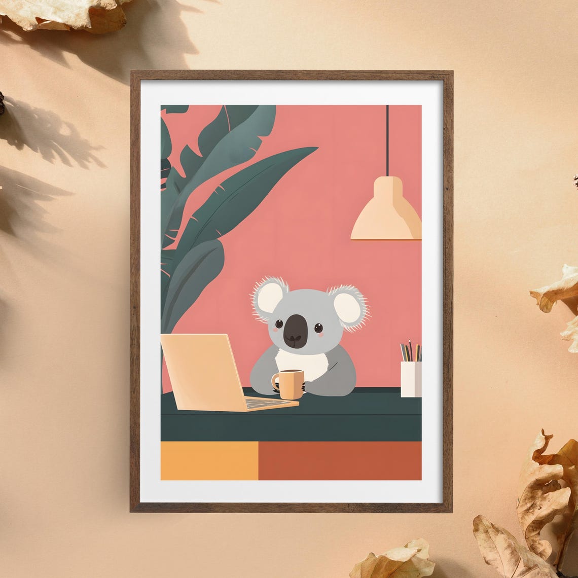 Cozy Koala Office Desk Laptop Coffee Minimalist Work Art Poster