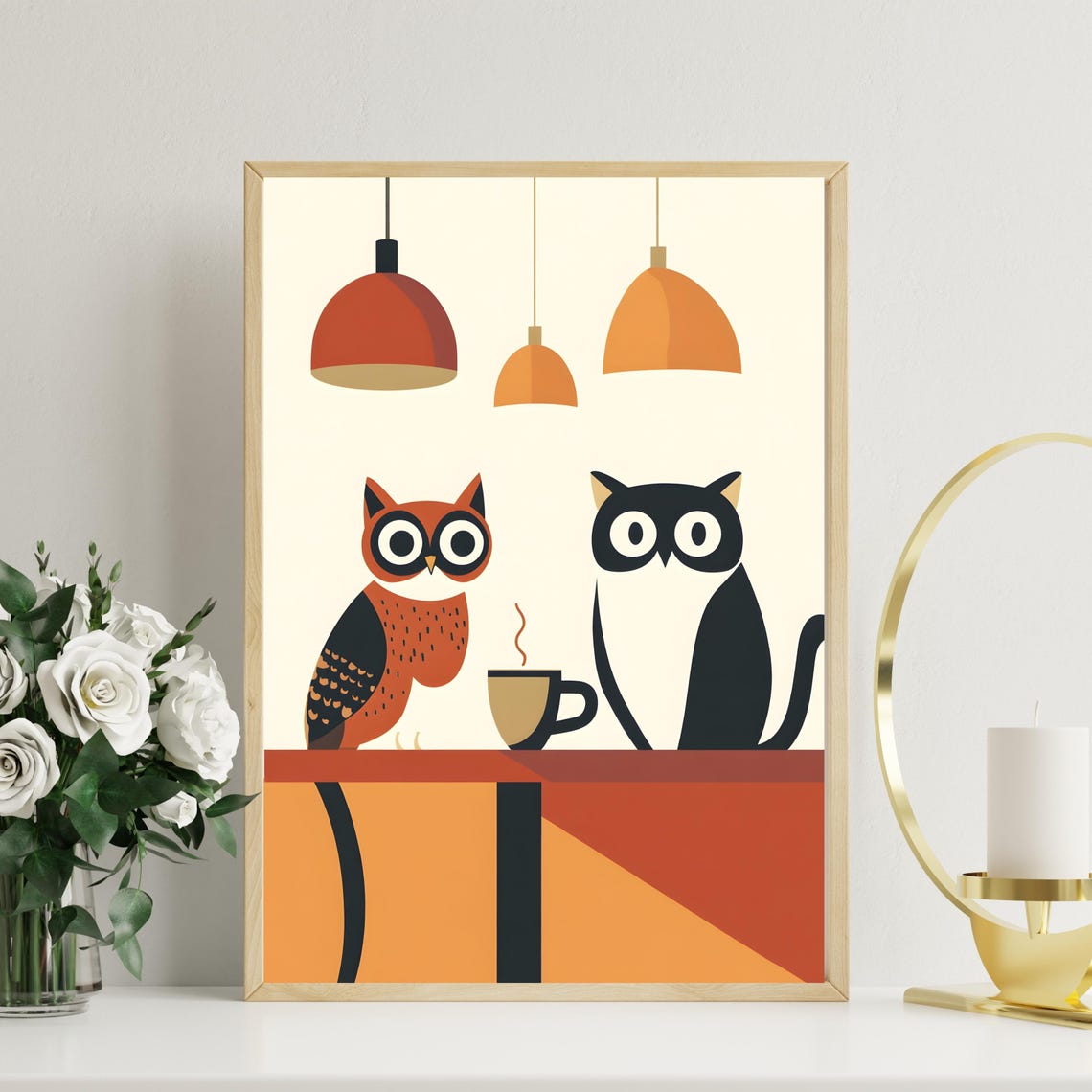 Owl and Cat Sharing Coffee at Mid Century Modern Cafe Poster - Image 2