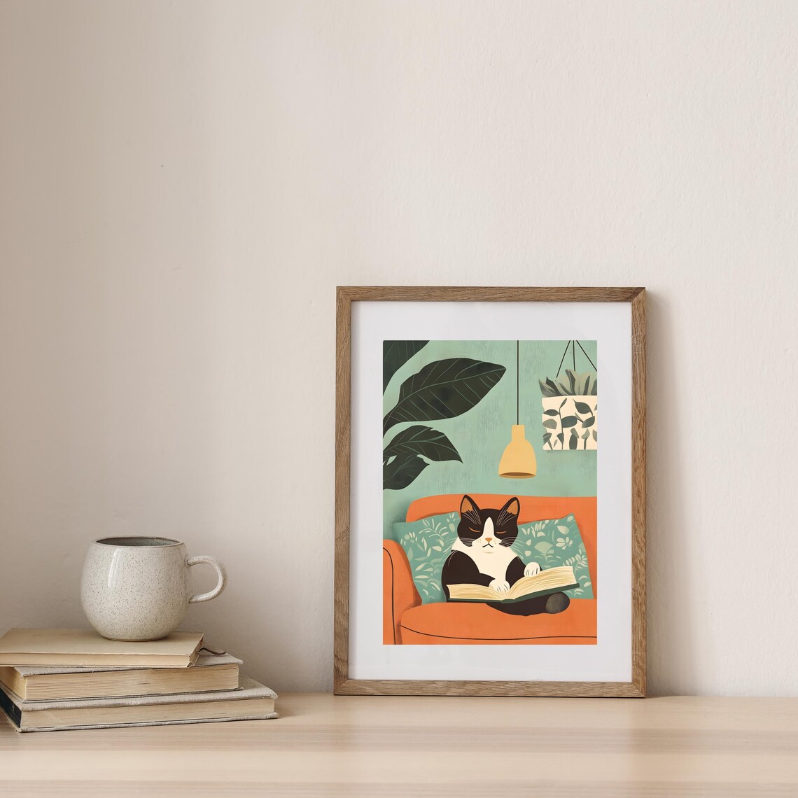 Cat Reading Book on Orange Couch Cozy Home Animal Nursery Art Poster - Image 7