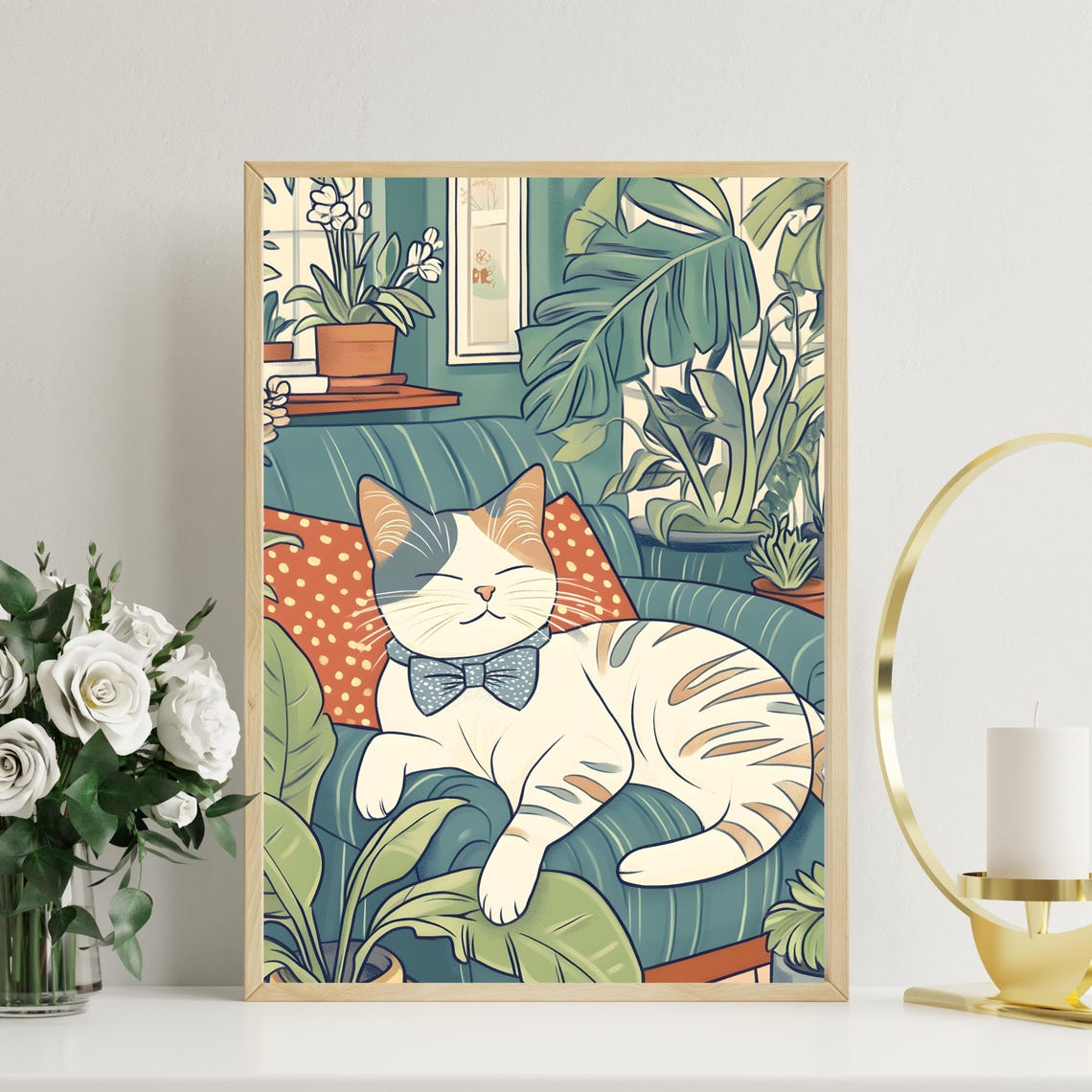 Cat In A Bow Tie Lounging On A Couch Surrounded By Houseplants Poster - Image 8