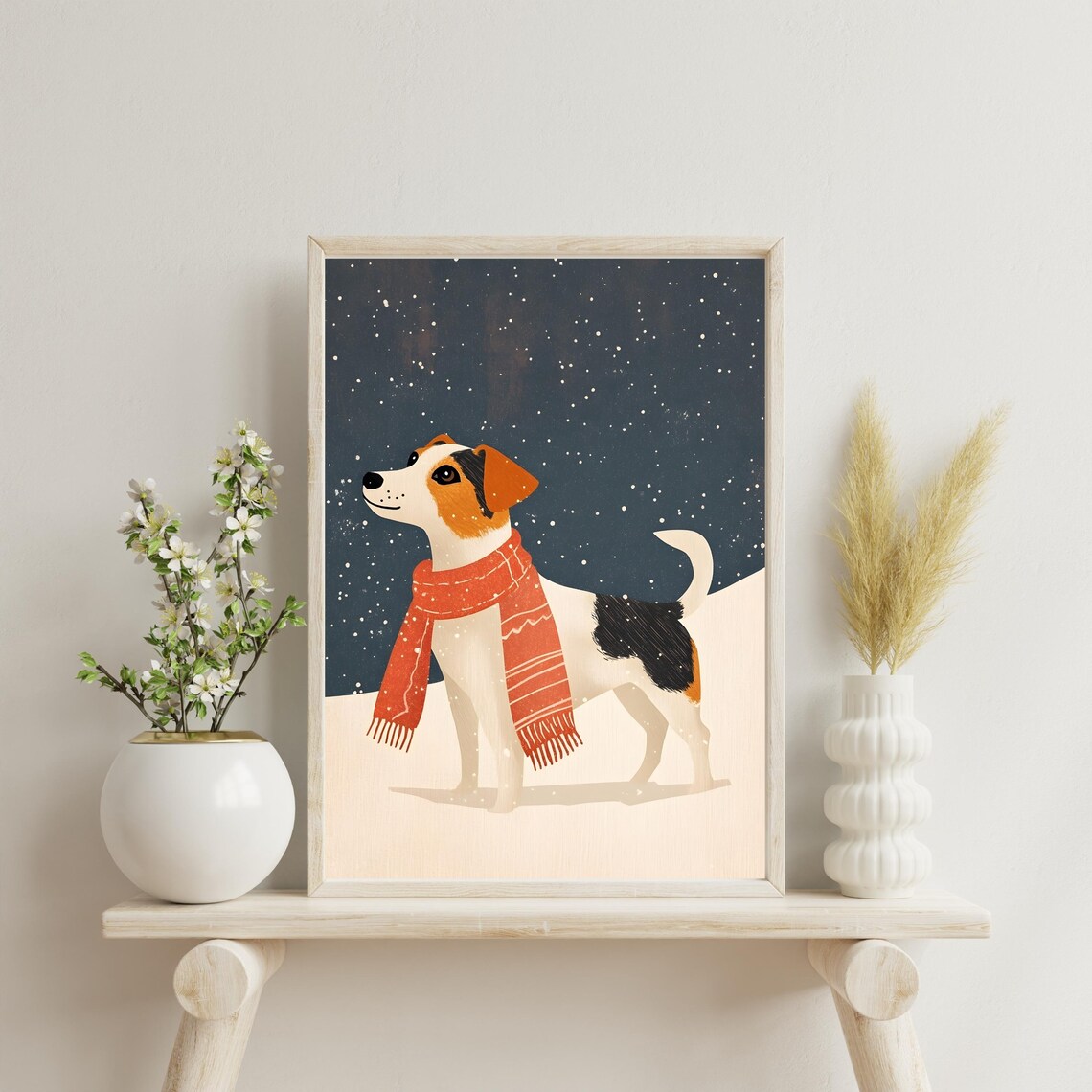 Dog Wearing A Red Scarf Standing In Falling Snow Winter Night Poster - Image 4