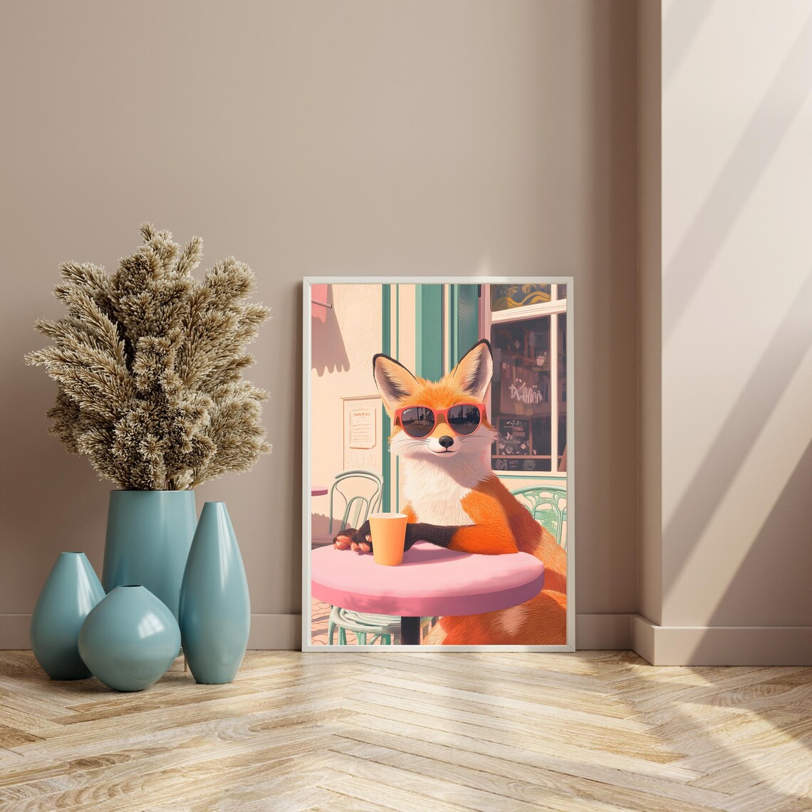 Chic Red Fox in Red Sunglasses Relaxing at a Pink Parisian Cafe Table Poster - Image 2