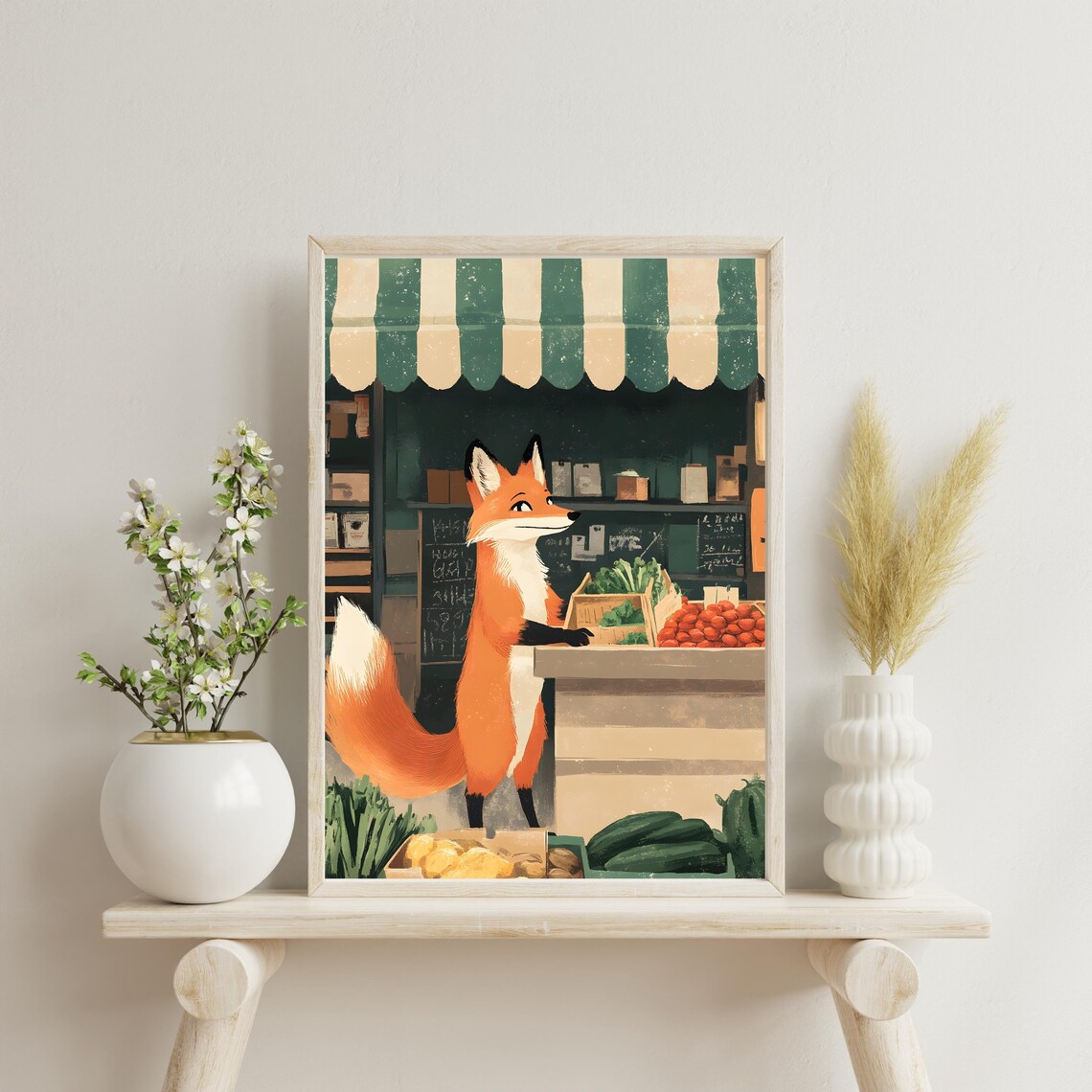Clever Red Fox Browsing a Farmers Market Vegetable Stall Under an Awning Poster - Image 2