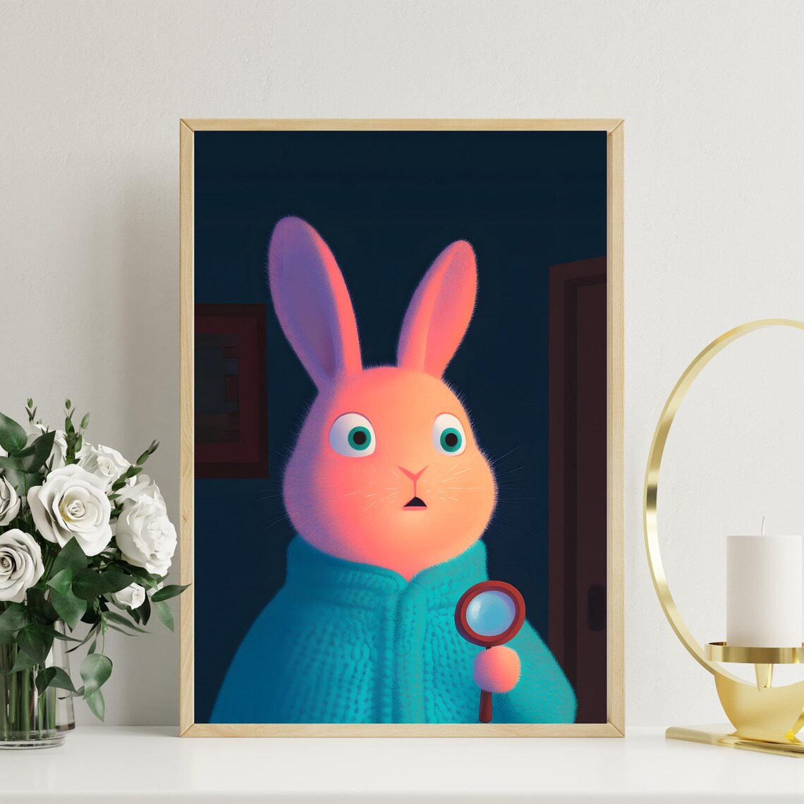 Detective Bunny With Magnifying Glass At Night Mystery Art Poster