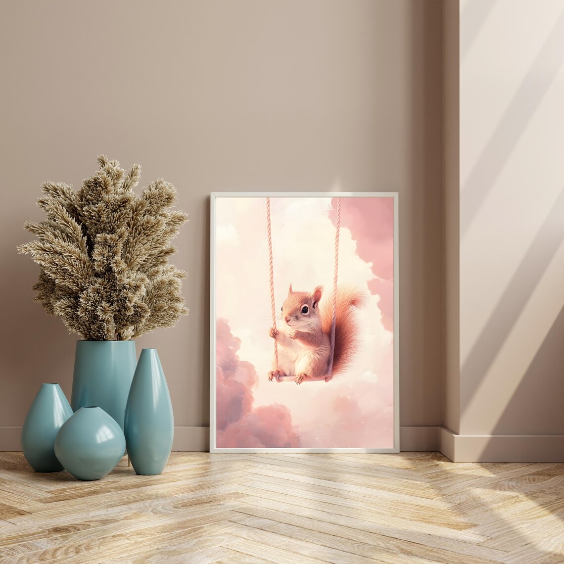 Cute Fluffy Squirrel Sitting on a Rope Swing Floating in Pink Clouds Poster - Image 8