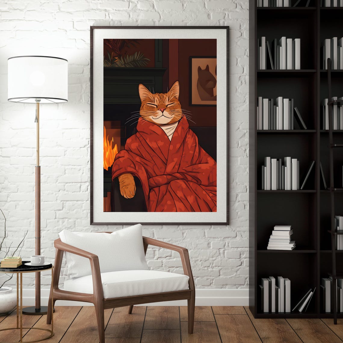 Cozy Ginger Cat in a Red Robe Relaxing by the Fireplace Poster - Image 4
