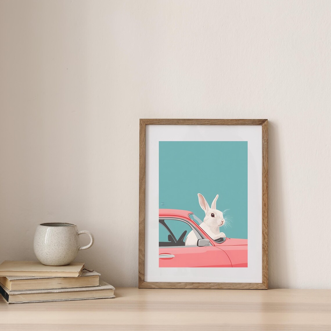 Rabbit Driving Retro Pink Car Cute Funny Animal Nursery Art Poster - Image 3