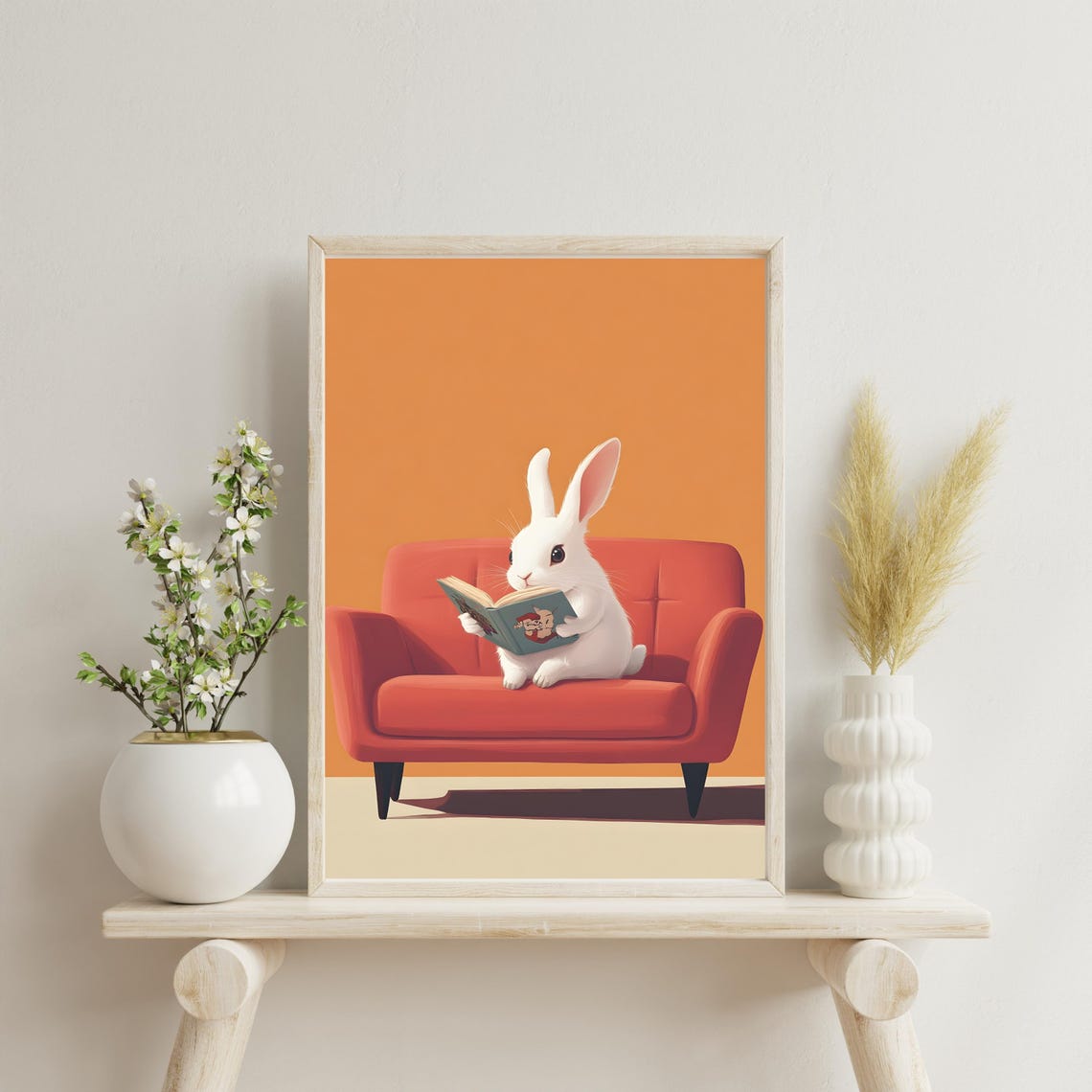 White Bunny Reading a Book on a Red Sofa in Orange Room Poster - Image 4
