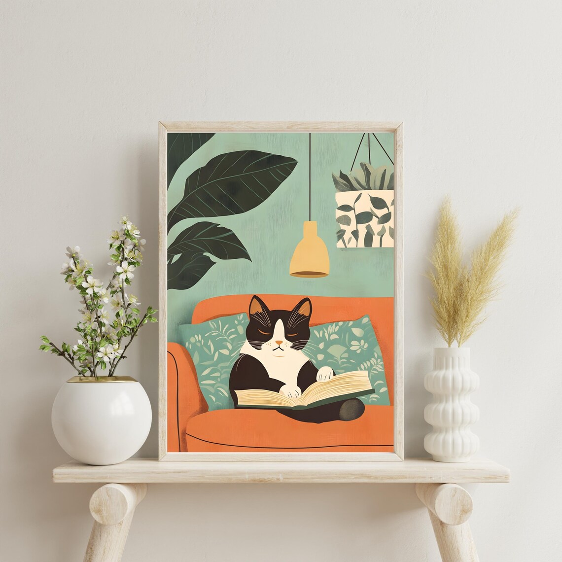 Cat Reading Book on Orange Couch Cozy Home Animal Nursery Art Poster - Image 4