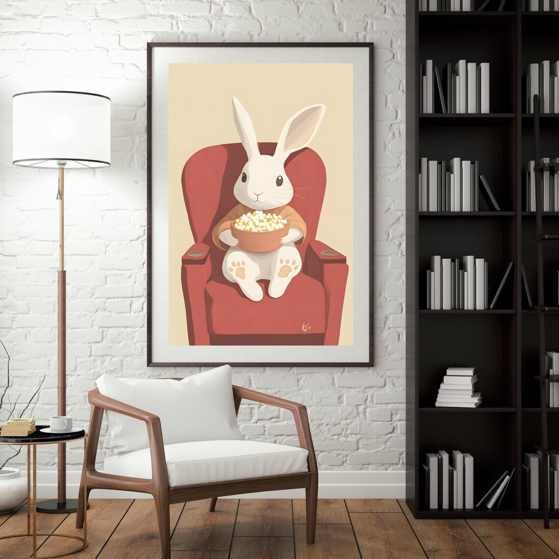 White Bunny Eating Popcorn in Red Armchair Movie Night Poster - Image 5