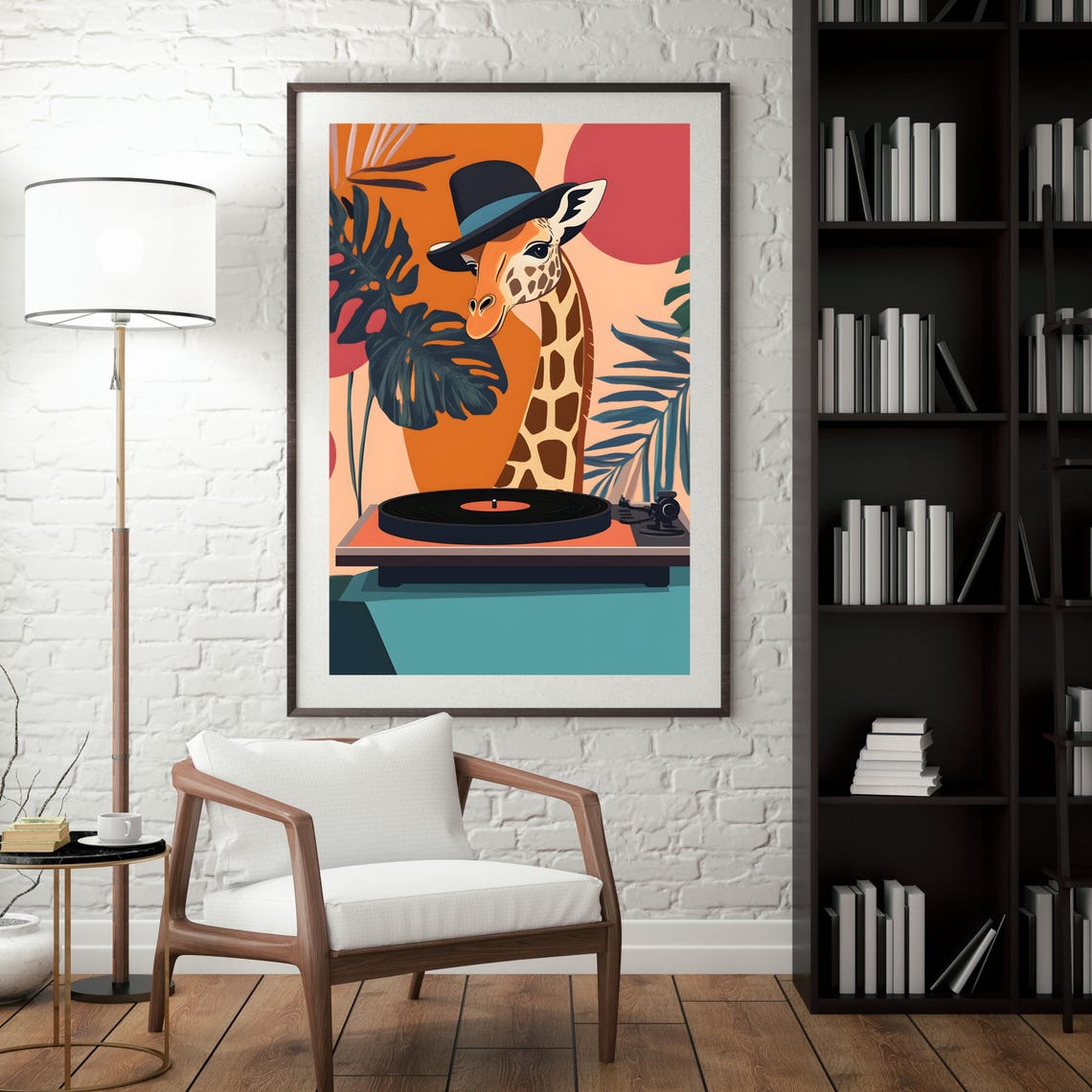 Stylish Giraffe in Hat Playing a Vinyl Record Player Retro Poster - Image 7