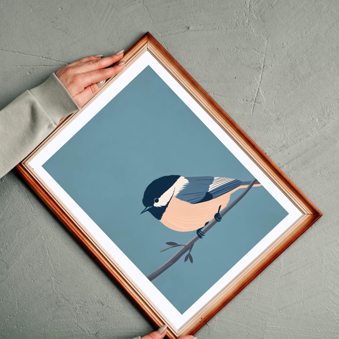 Minimalist Chickadee Perched on a Branch Dusty Blue Bird Poster - Image 6
