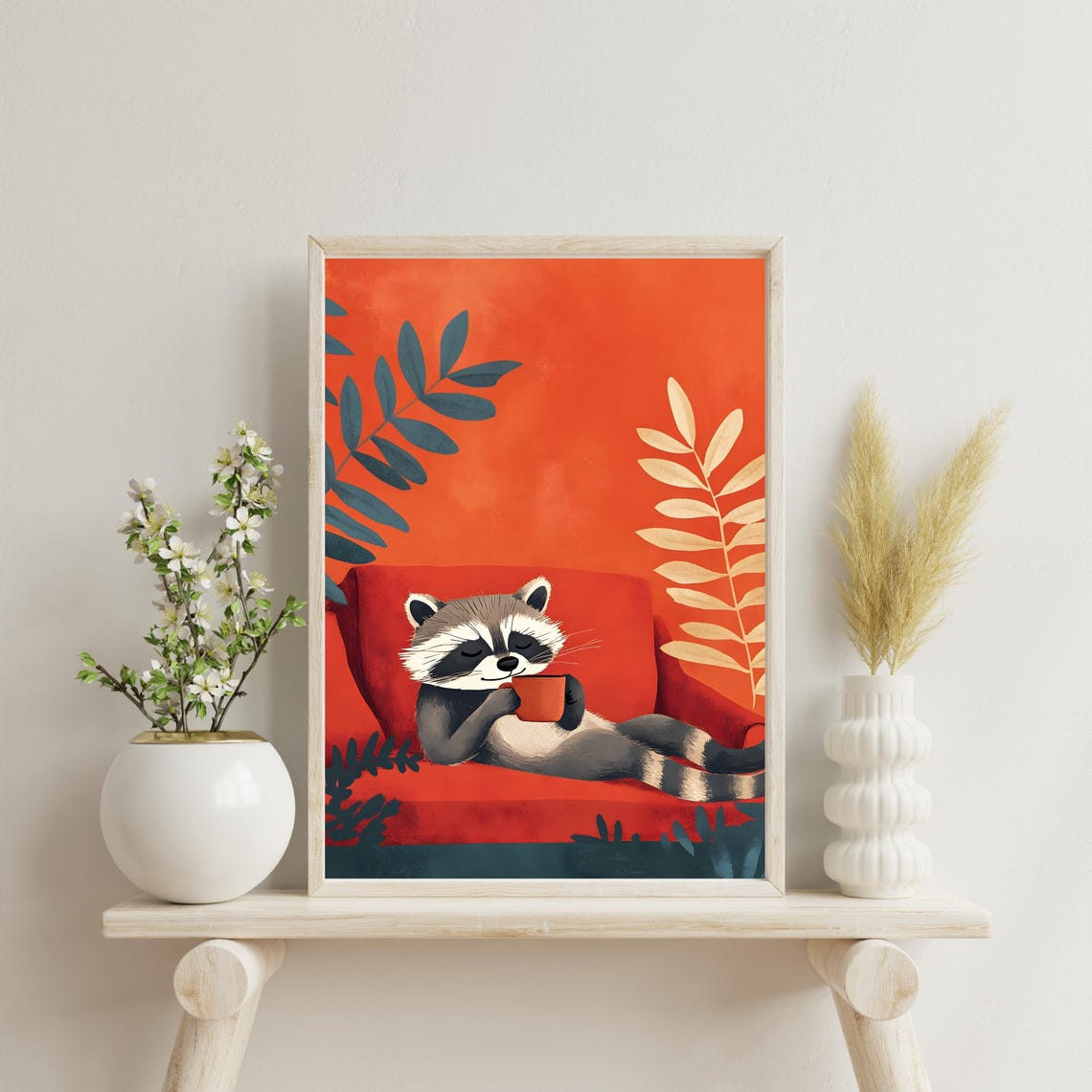 Sleepy Raccoon Lounging on a Red Sofa Holding a Coffee Cup Poster - Image 3