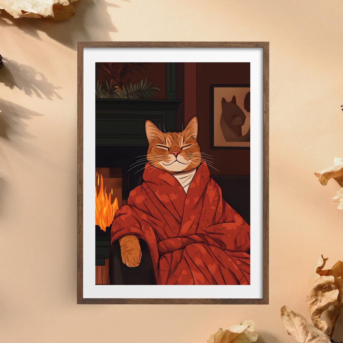 Cozy Ginger Cat in a Red Robe Relaxing by the Fireplace Poster - Image 5