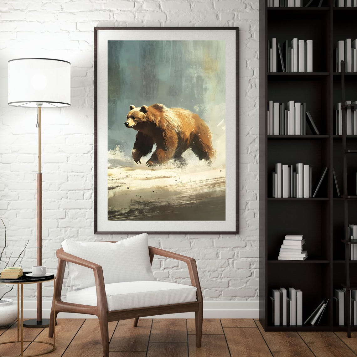 Majestic Brown Bear Wading Misty Forest River Painterly Art Poster - Image 5