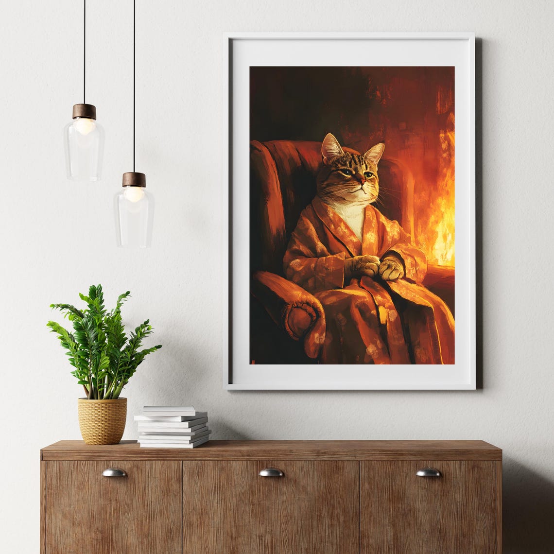 Regal Tabby Cat Wearing An Orange Robe By The Fireplace Poster - Image 2