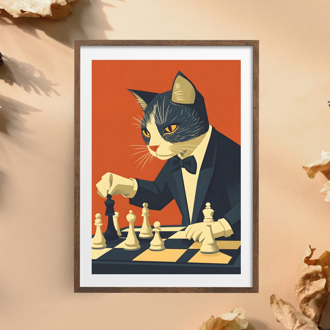 Dapper Cat in Tuxedo Playing Chess on Orange Background Poster