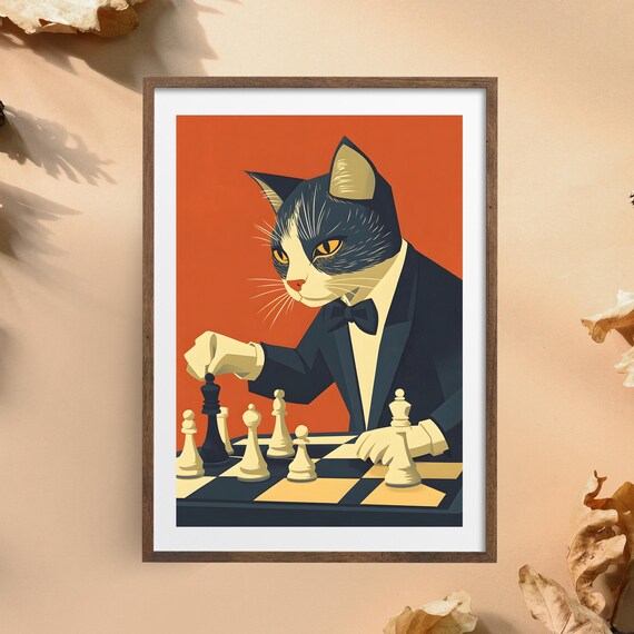 Dapper Cat in Tuxedo Playing Chess on Orange Background Poster