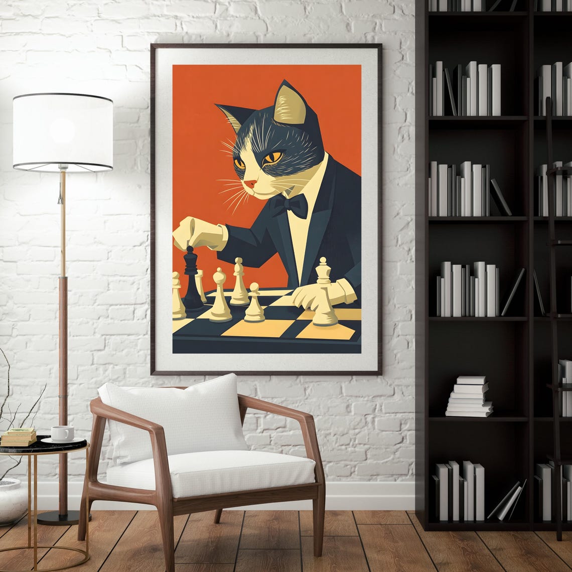 Dapper Cat in Tuxedo Playing Chess on Orange Background Poster - Image 6