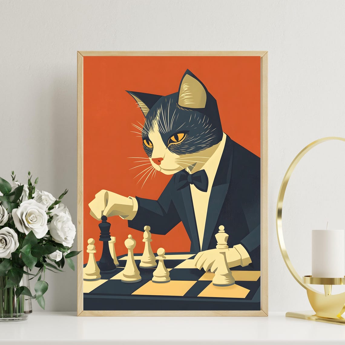 Dapper Cat in Tuxedo Playing Chess on Orange Background Poster - Image 3