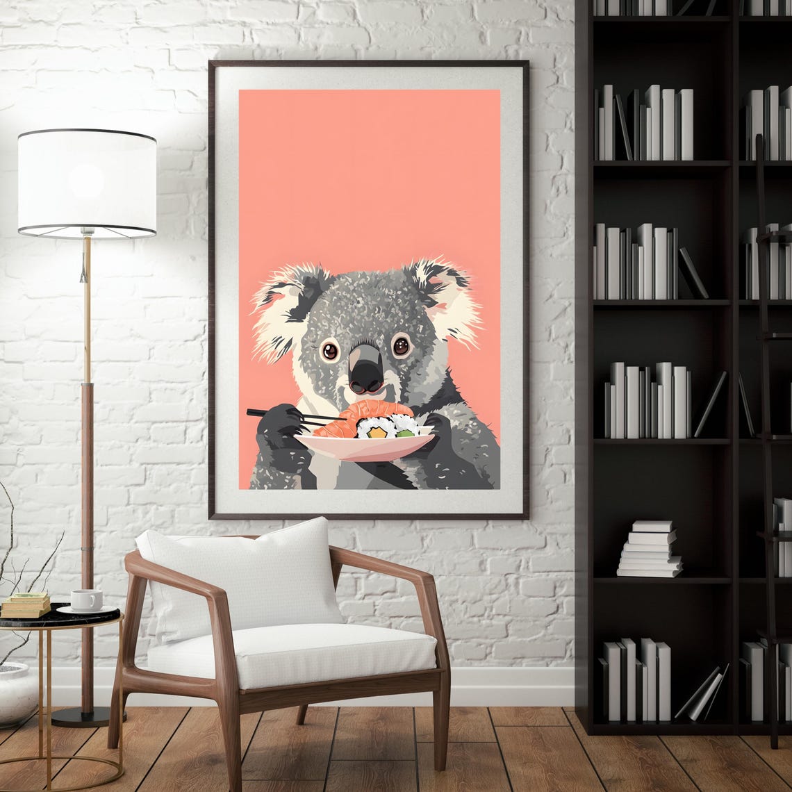Cute Koala Eating Sushi with Chopsticks on a Coral Background Poster - Image 4