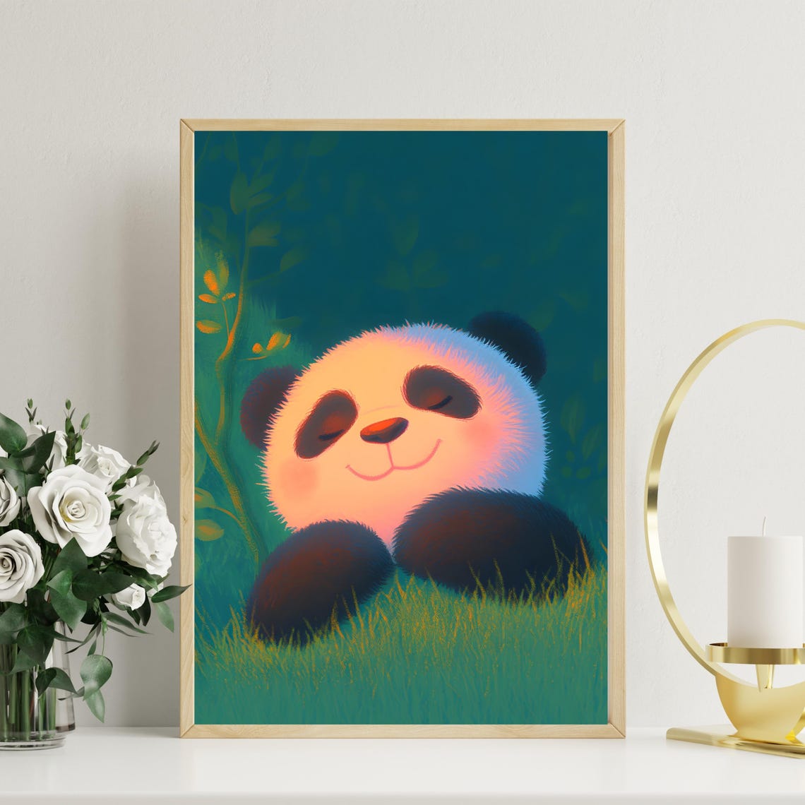 Sleeping Baby Panda Resting In Grass Night Forest Nursery Poster