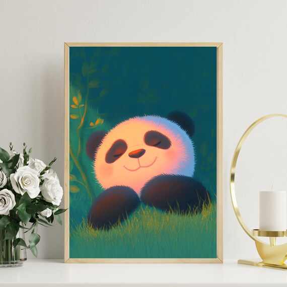 Sleeping Baby Panda Resting In Grass Night Forest Nursery Poster