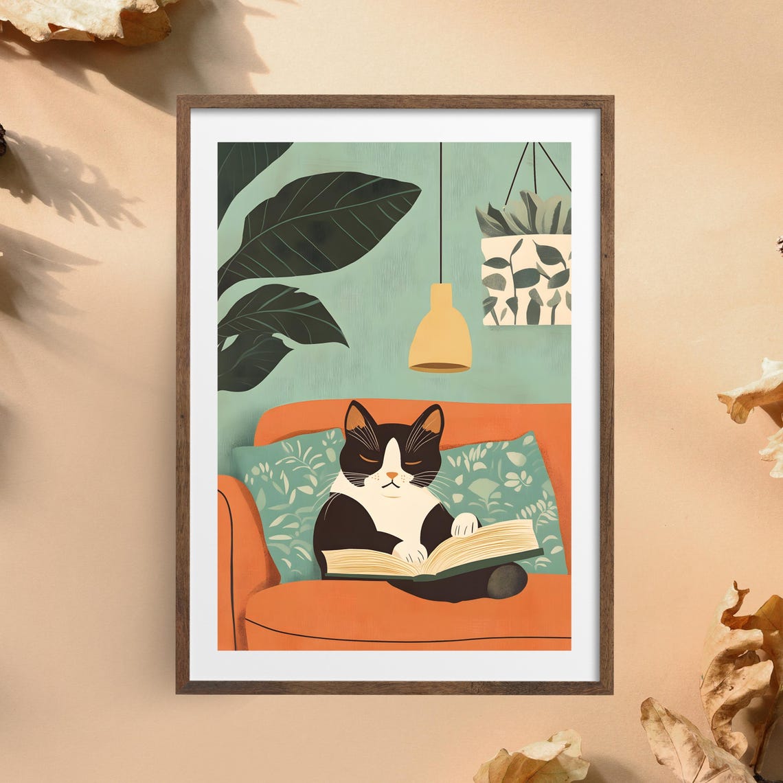 Cat Reading Book on Orange Couch Cozy Home Animal Nursery Art Poster