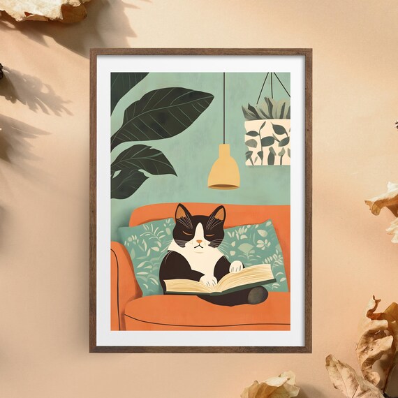 Cat Reading Book on Orange Couch Cozy Home Animal Nursery Art Poster