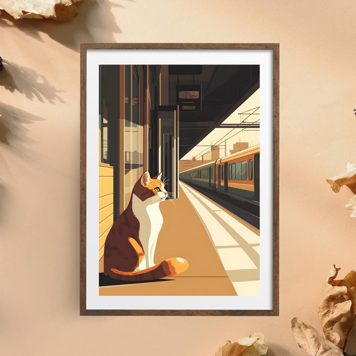 Brown and White Cat Waiting on Train Station Platform Poster