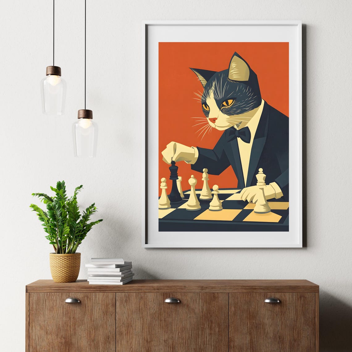 Dapper Cat in Tuxedo Playing Chess on Orange Background Poster - Image 7
