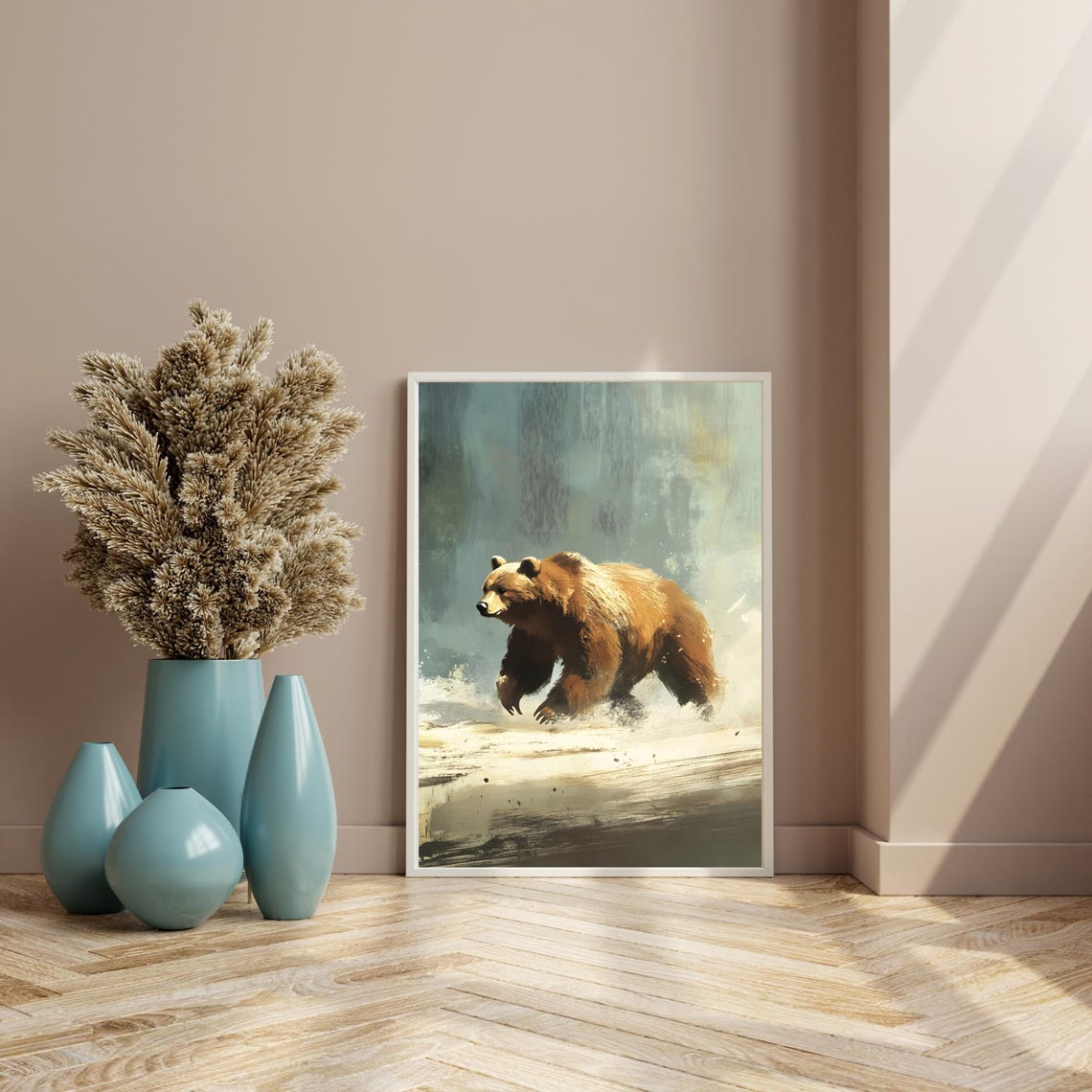 Majestic Brown Bear Wading Misty Forest River Painterly Art Poster - Image 8