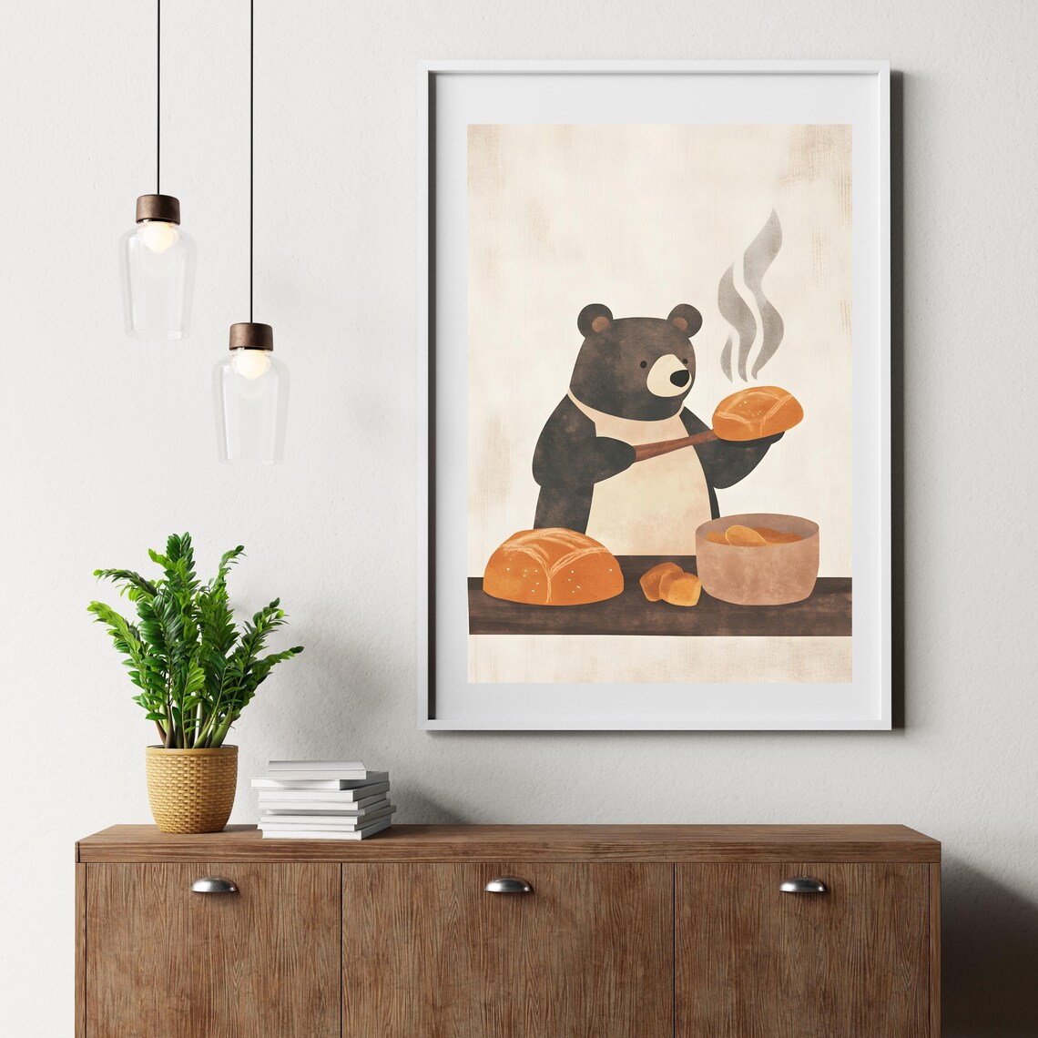 Jolly Black Bear Baker in a Cream Apron Presenting a Steaming Loaf Poster - Image 6