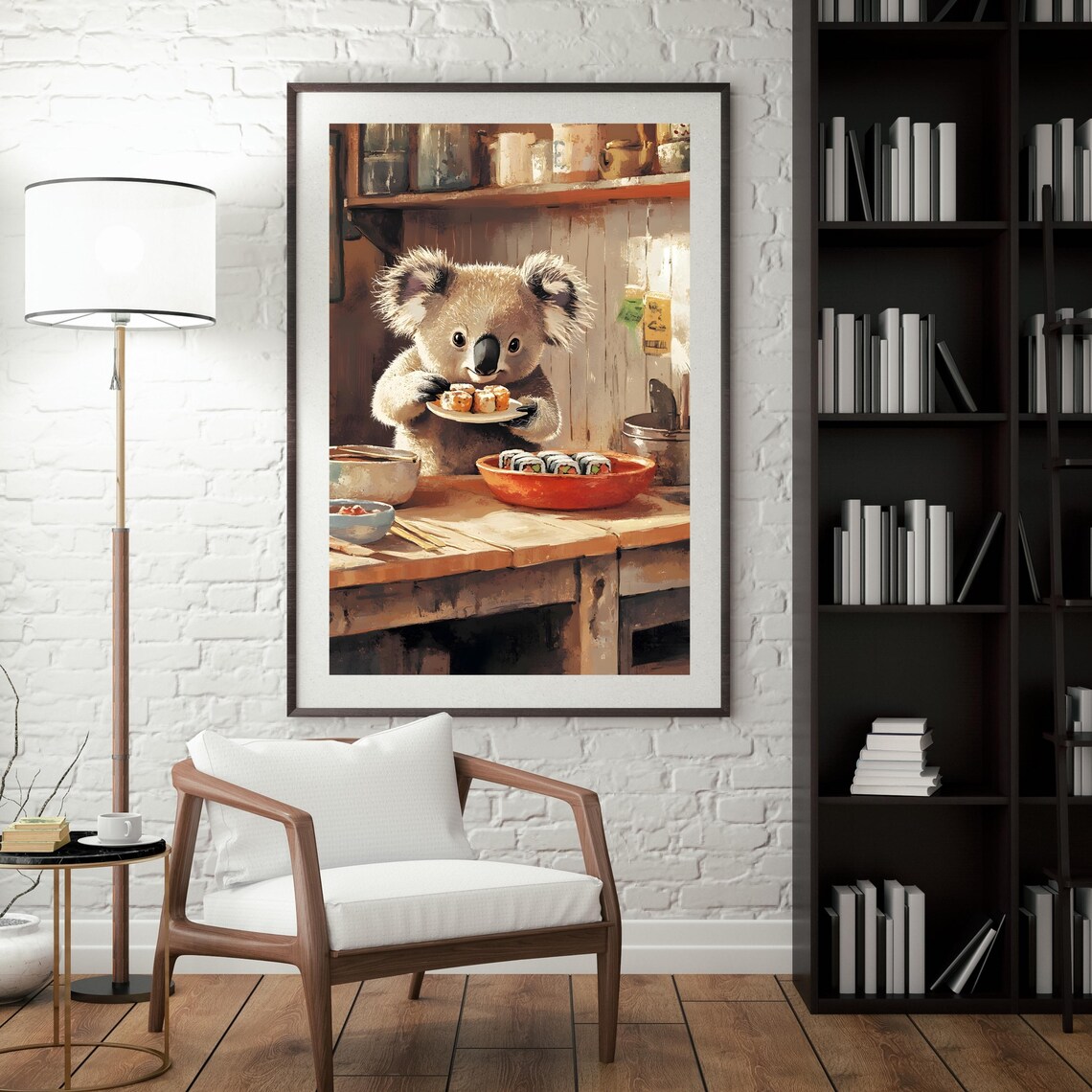 Adorable Koala Holding Sushi Plate in Rustic Wooden Kitchen Poster - Image 3