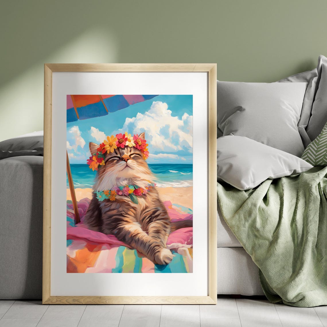 Fluffy Beach Cat With Flower Lei Sunbathing Under An Umbrella Poster - Image 3