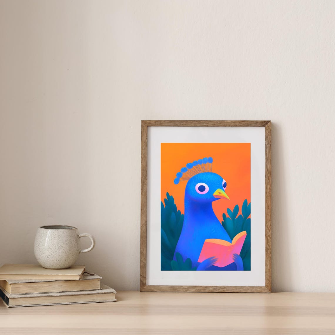 Blue Peacock Reading A Pink Book On Orange Background Art Poster - Image 3