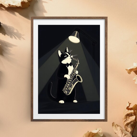 Black and White Cat Playing Saxophone Under Lamp Light Poster