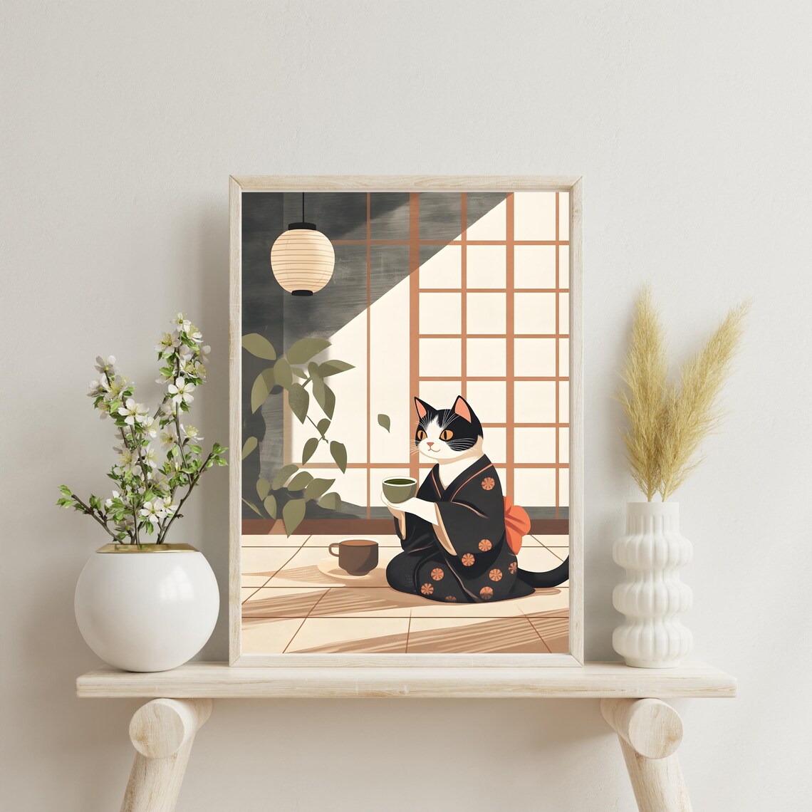 Black and White Cat in Kimono Drinking Tea by Shoji Screen Poster - Image 4