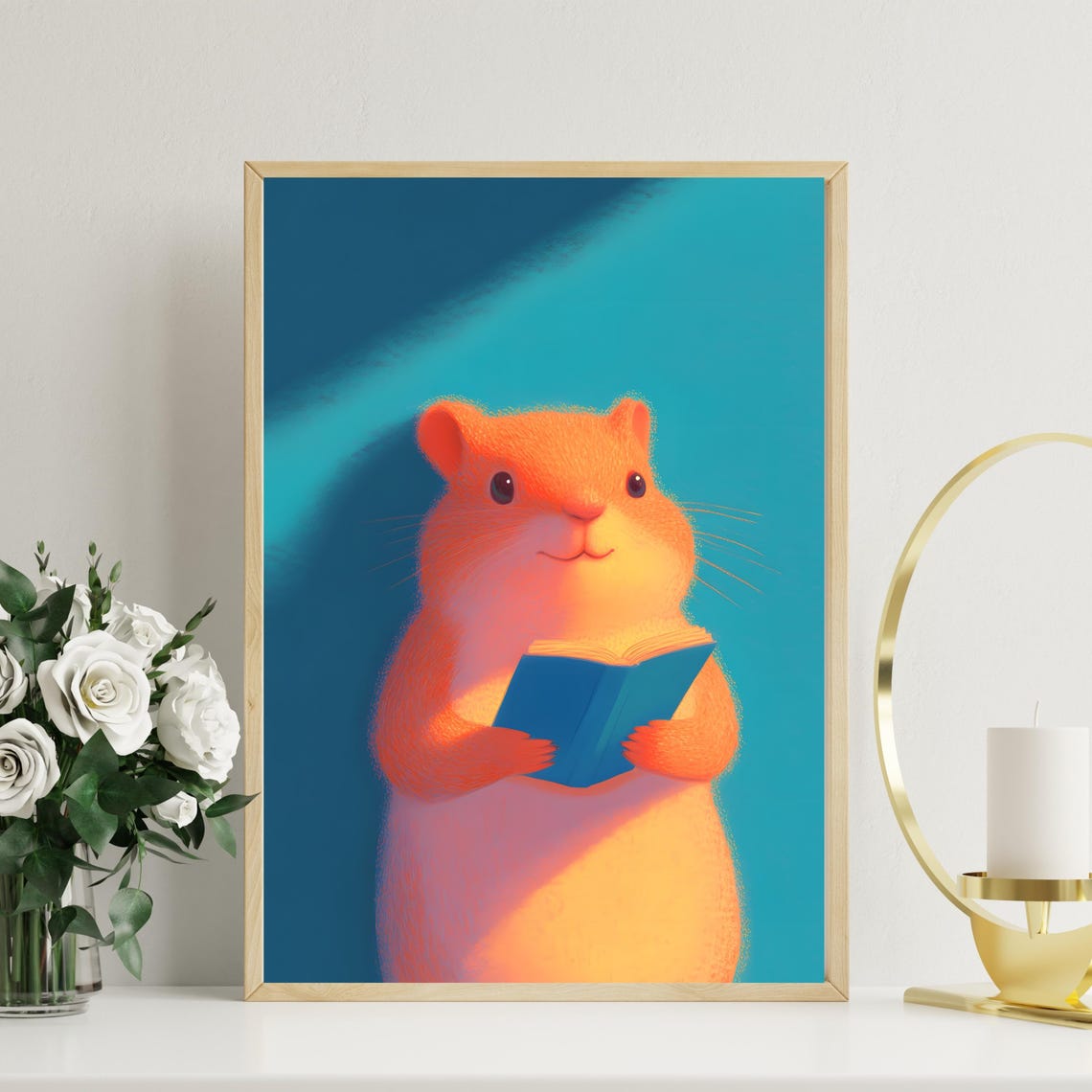 Orange Hamster Reading Blue Book Under Spotlight Cute Pet Poster