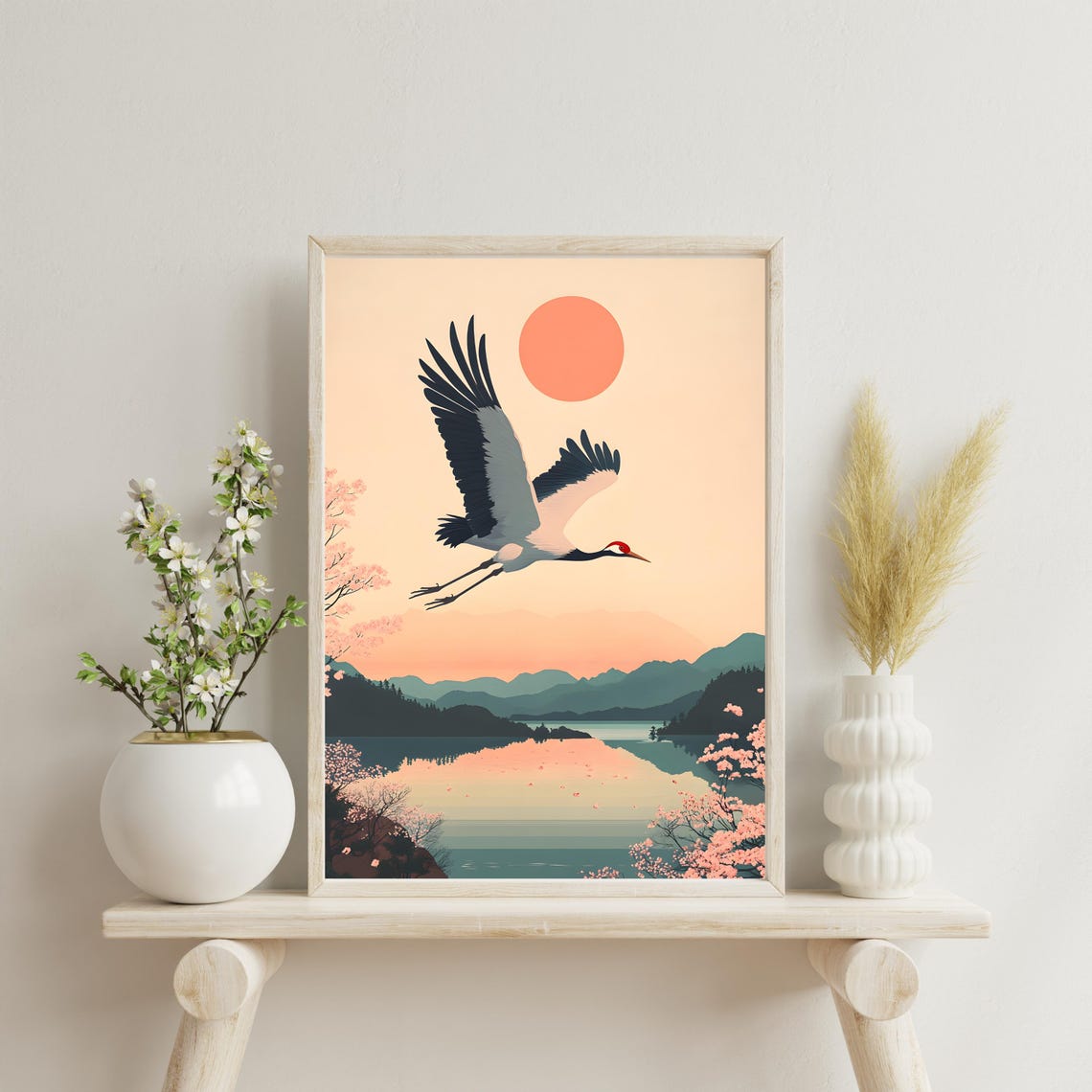 Japanese Crane Flying Over a Lake Lined With Cherry Blossoms Poster - Image 8