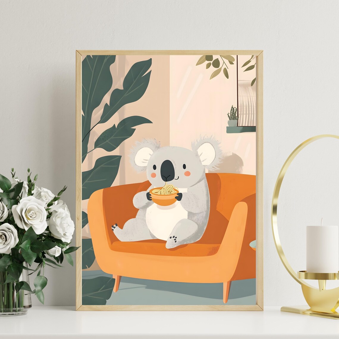 Cute Koala Eating Noodles Orange Couch Cozy Nursery Art Poster - Image 2