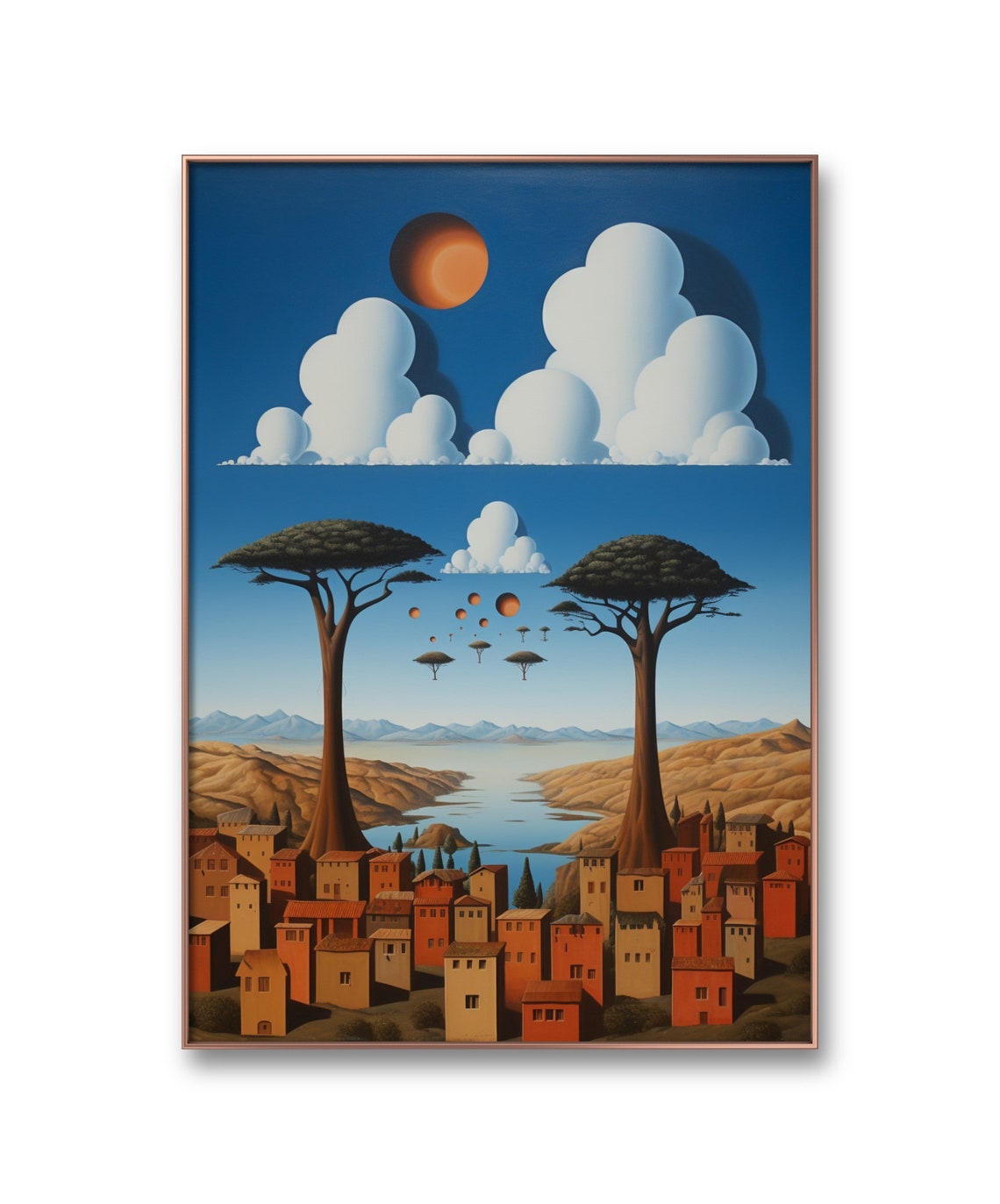 Madagascar Surreal Baobab Trees Village Floating Clouds And Sun Print