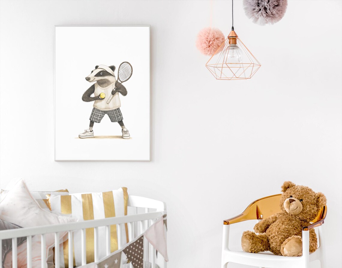 Classic Vintage Badger Tennis Player Holding Wooden Racket Poster - Image 3