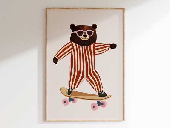 Skateboarding Bear Striped Suit Sunglasses Funny Animal Art Poster